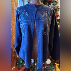 Blue Women's Button Down Cardigan with Floral and Bird Design